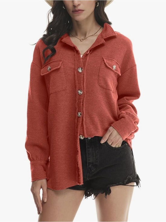 Rust Waffle Knit Button-Up Shacket - Picture 3 of 4